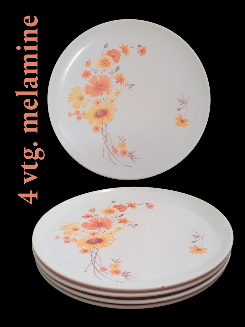 4 Vintage 1970s  Melamine Dinner Plates Wildflower